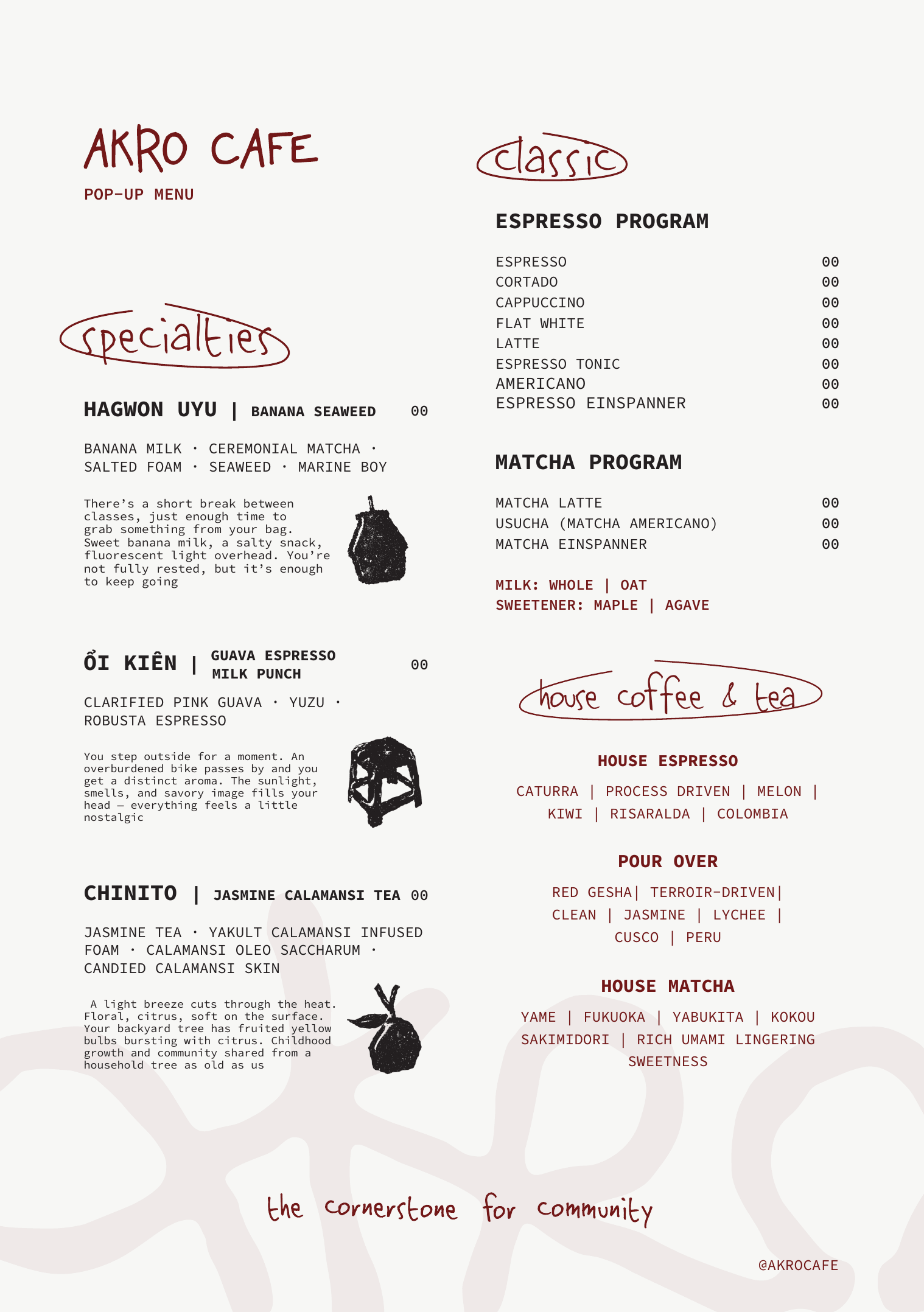 AKRO Cafe pop-up menu — specialties, classic espresso and matcha programs, house coffee and tea